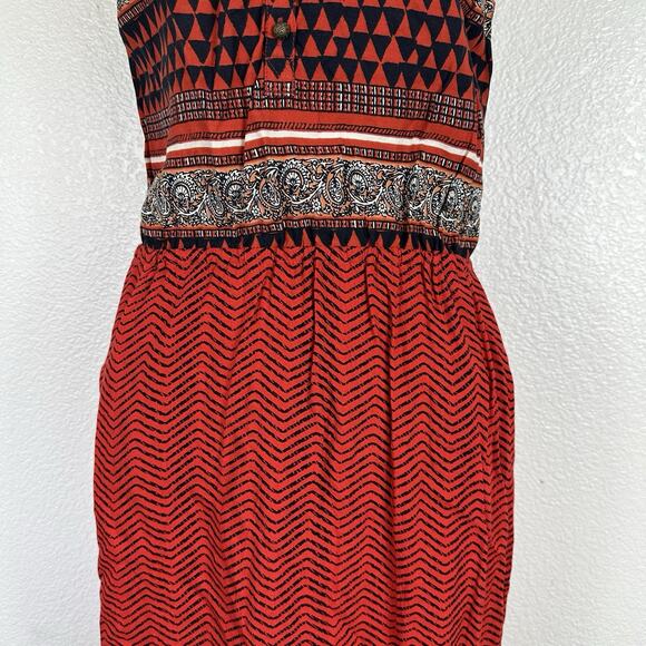Lucky Brand Boho Dress Womens Small Orange Black Tribal Sleeveless Cotton Shift - Picture 6 of 13